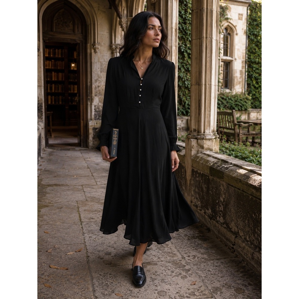The Pyramid Collection Midi Dress Women S Black Button Front Chiffon Long Sleeve